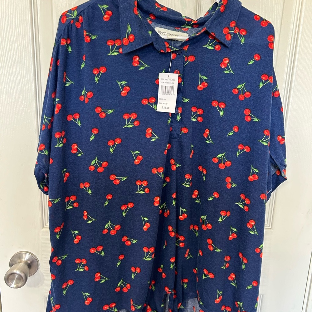 New York Laundry Kids Cherry Print Button Down Shirt - Blue and Red